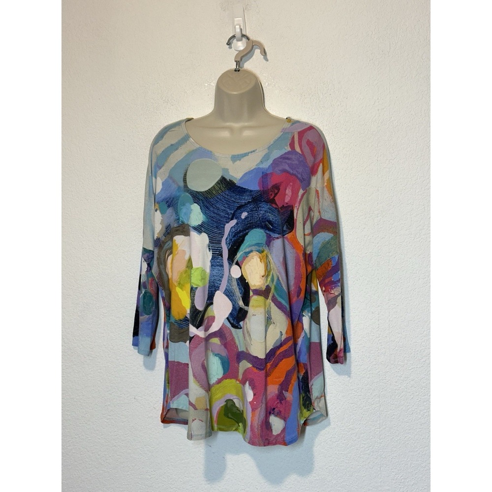 Claire Desjardins Abstract Watercolor Top L Colorful 3/4 Sleeve Knit Top Artsy